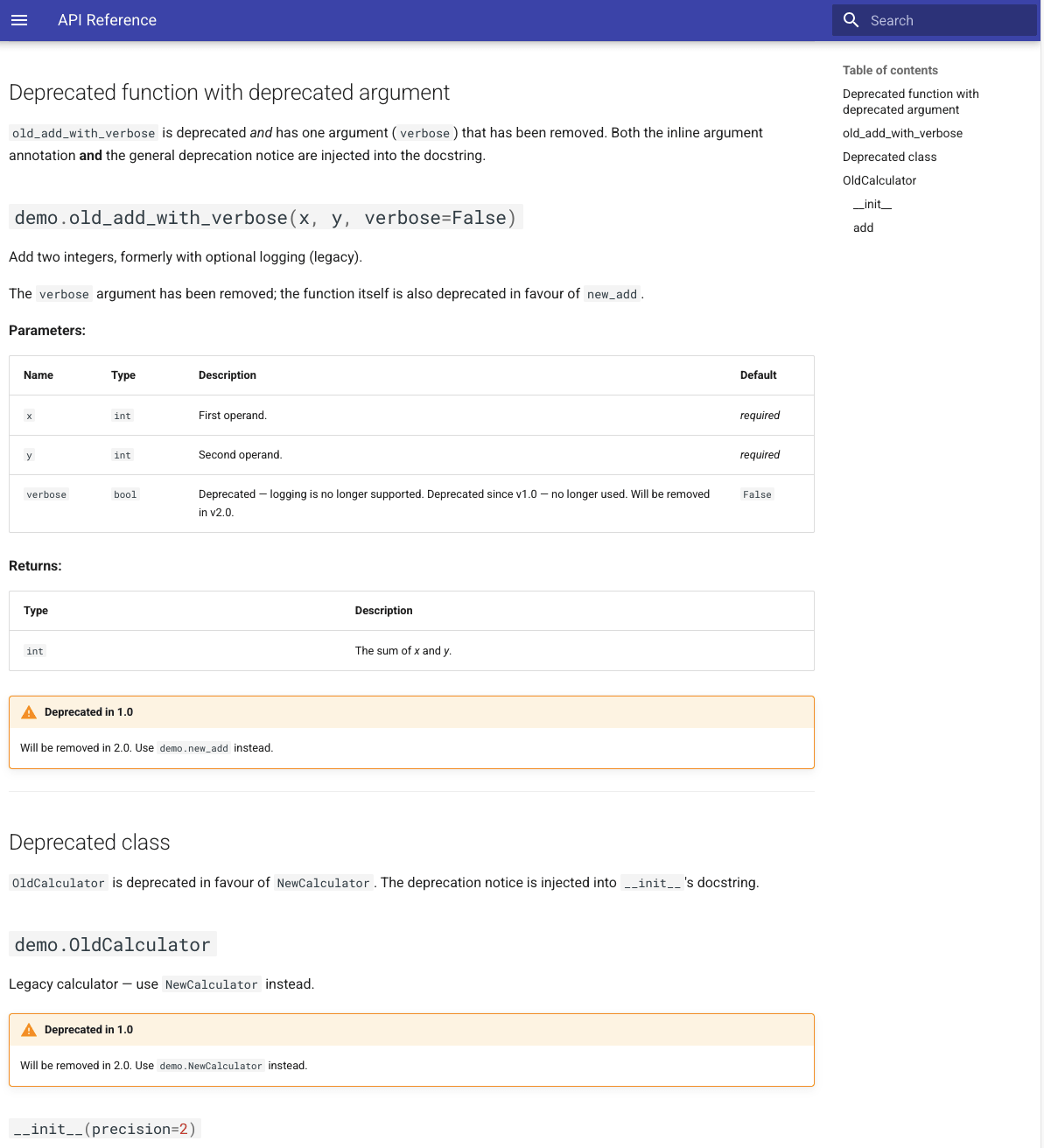 MkDocs demo — deprecation notice rendered as a warning admonition